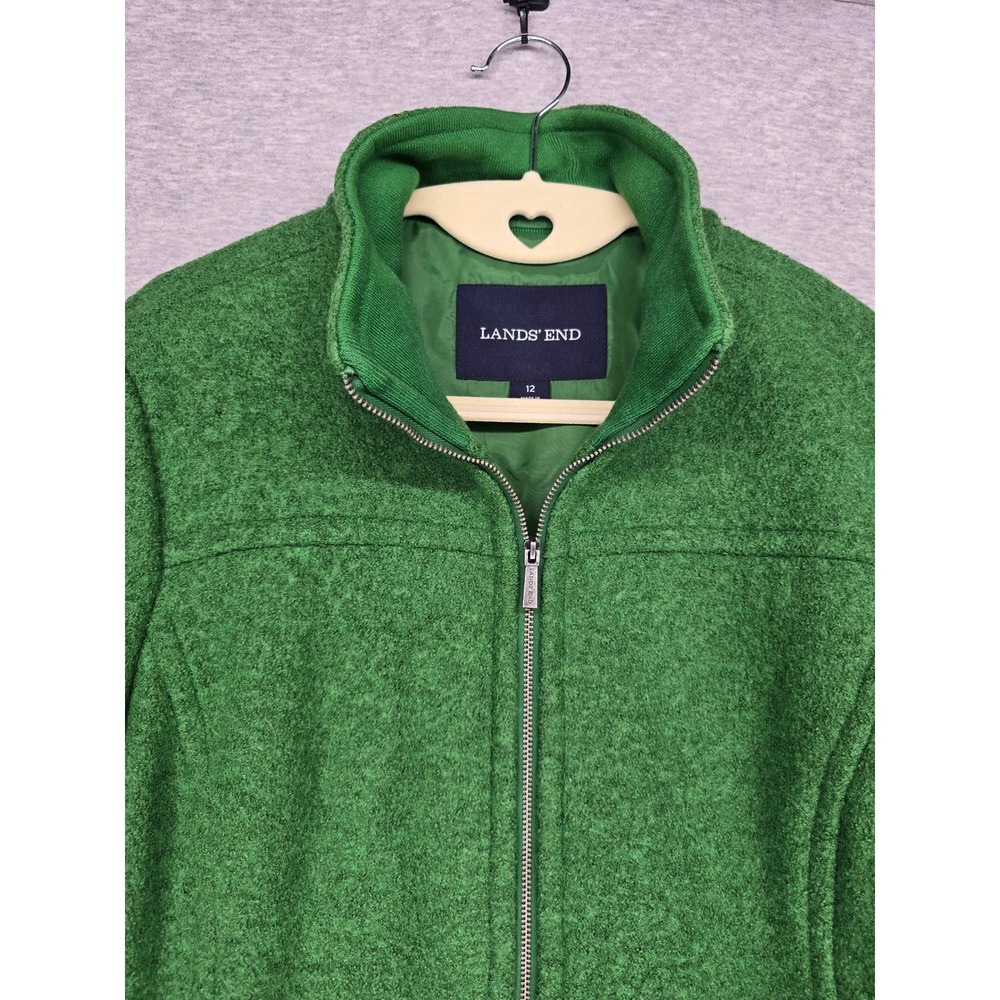 Lands End Green Boiled Wool Full Zip Mock Neck Jacket Women Large Overcoat Lined